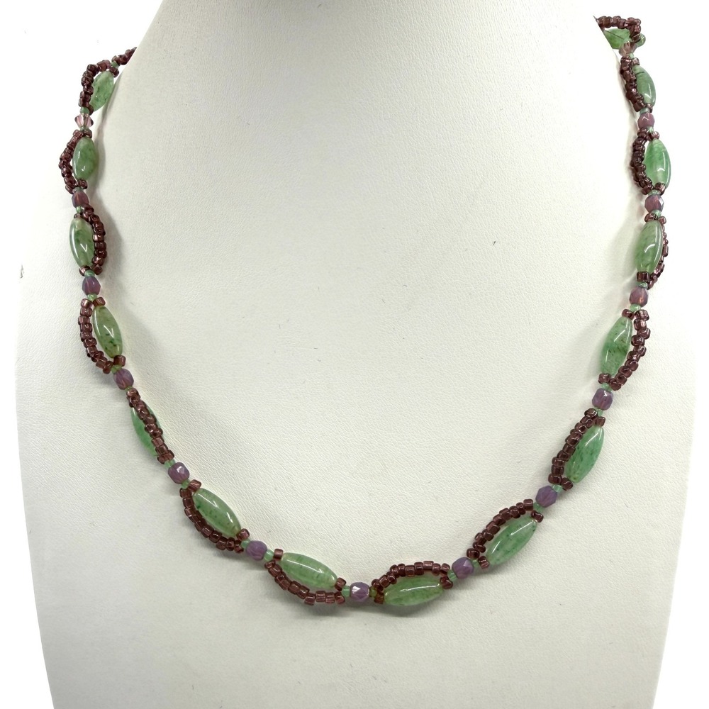Green Bead & Purple Accent Layered Necklace Boho Statement Festival Jewelry 90s